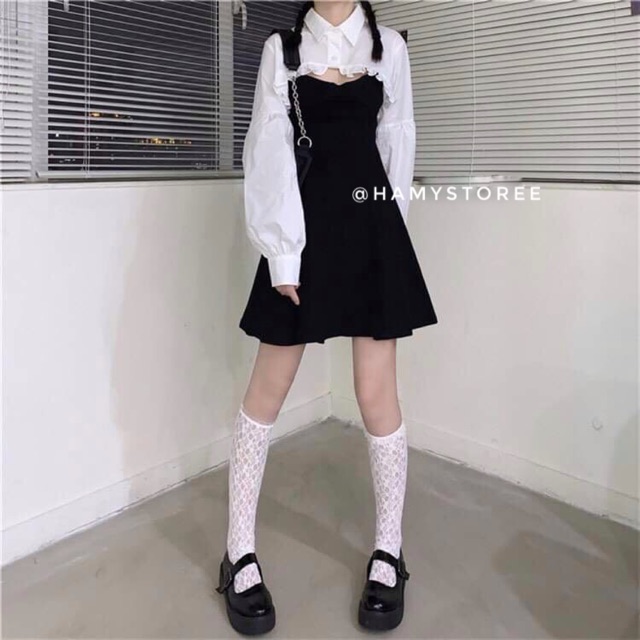 PENTY SET - ĐẦM 2D ĐEN FORM XOÈ + ÁO SƠ MI CROPTOP VIỀN BÈO CỰC CHẤT