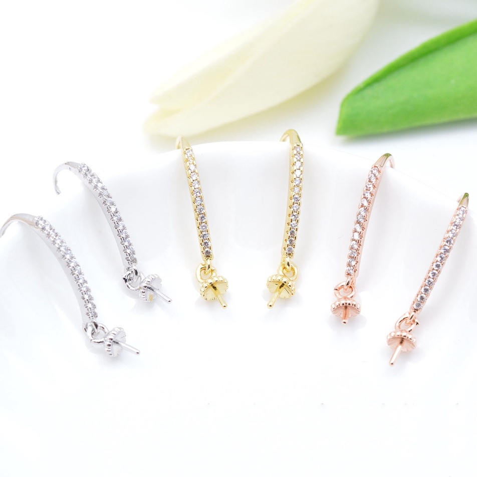 [B4T2] Phụ kiện trang sức (DIY) - Cặp (2) bông tai bạc trống hạt kiểu móc nạm 13v đá Zirconia mẫu tự làm