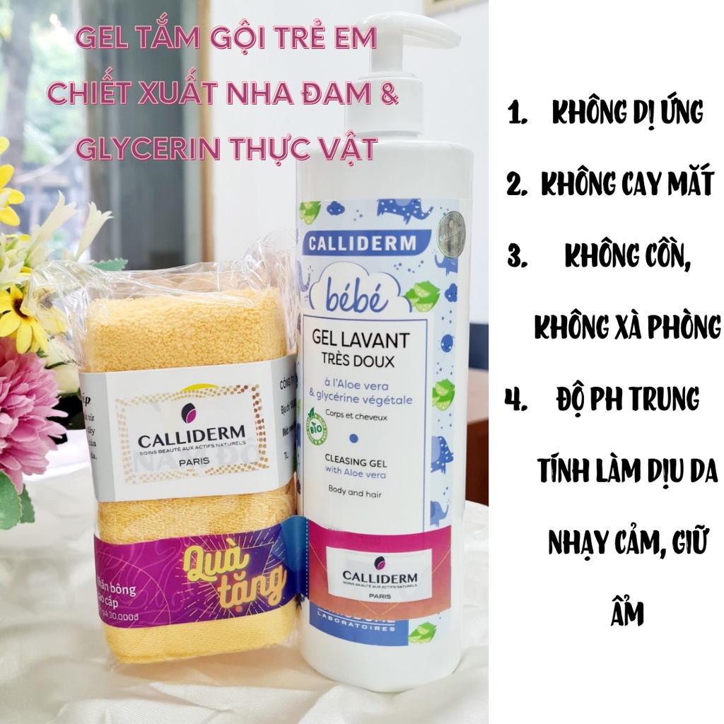 (Nhập khẩu, date 2023) Sữa tắm Gội Cho Bé CALLIDERM Pháp 500ml chiết xuất nha đam tặng kèm khăn mặt
