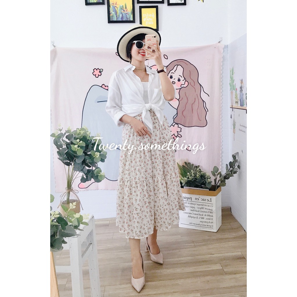 CHÂN VÁY MIDI HOA+SƠ MI+ÁO 2 DÂY MÙA HÈ (ảnh thật/sẵn/video) | BigBuy360 - bigbuy360.vn