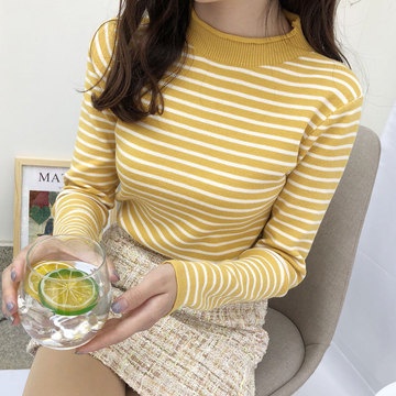 Áo sweater cổ cao tay dài dáng vừa vặn kẻ sọc kiểu Hàn Quốc cho nữ