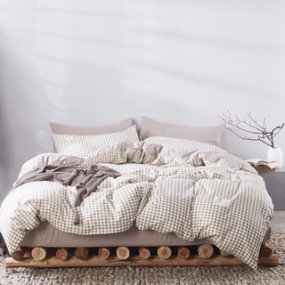 Decor phòng ngủ vintage Combo chăn ga gối Cotton kẻ caro be nâu nhạt trang trí giường tầng Chato Bedding