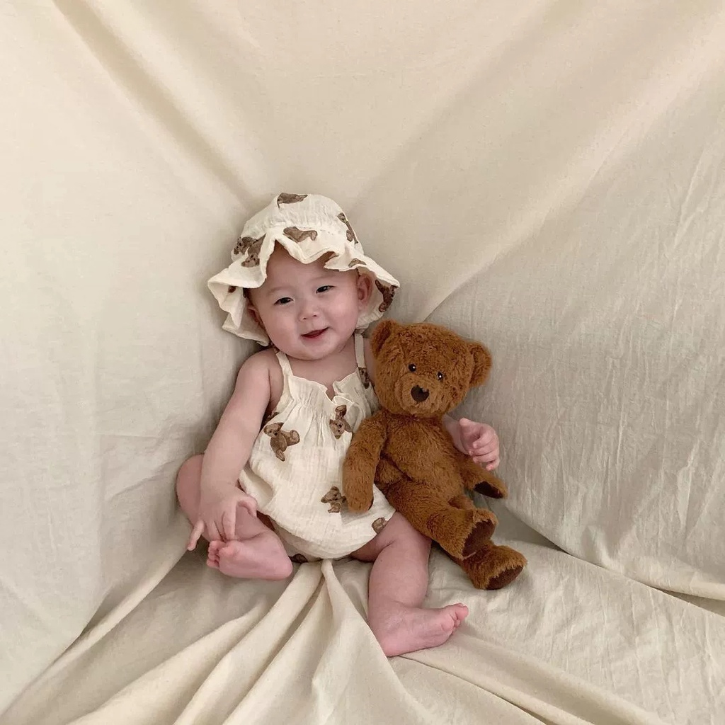 Bộ Quần Áo Mùa Hè Không Tay In Hình Gấu Hoạt Hình Có Mũ Cho Bé 0-2 Tuổi