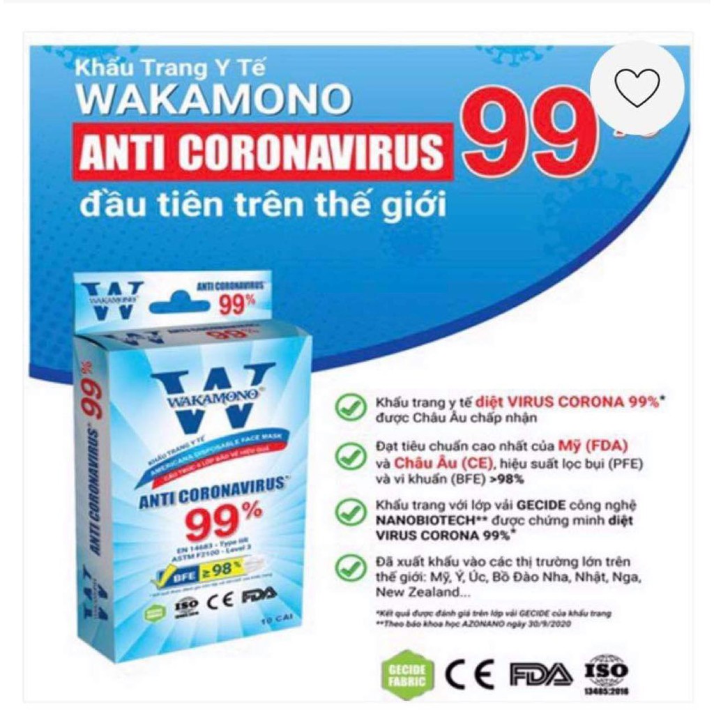 Khẩu trang y tế 4 lớp Wakamono hộp 10 cái màu trắng