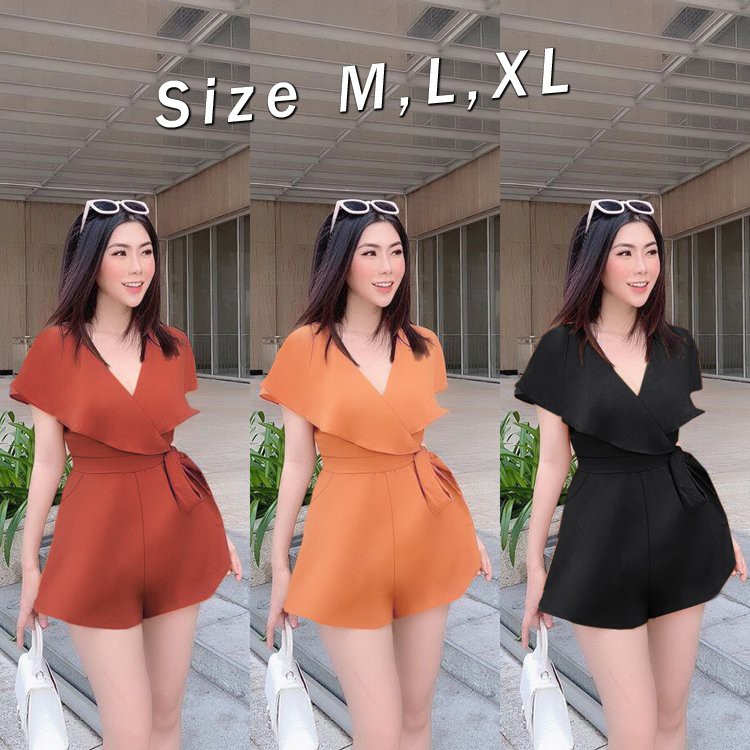 Jumpsuit short đắp chéo cổ V thắt nơ eo thiết kế cao cấp