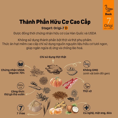 2kg THỨC ĂN HẠT MỀM HỮU CƠ THỊT VỊT ORIGI-7 được làm từ thịt vịt, chỉ sử dụng nguồn nguyên liệu hữu cơ sạch, an toàn,