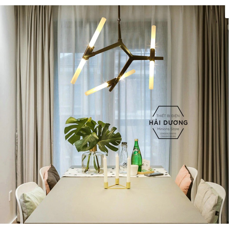 Đèn Chùm Decor Xương Cá 6 Tay (Đen/Vàng) - Tặng kèm 6 bóng led - Có video - Bảo hành 12 tháng