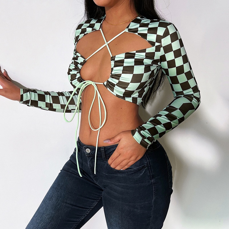 Áo Croptop Cột Dây Họa Tiết Kẻ Sọc Caro Gợi Cảm Cho Nữ D0318
