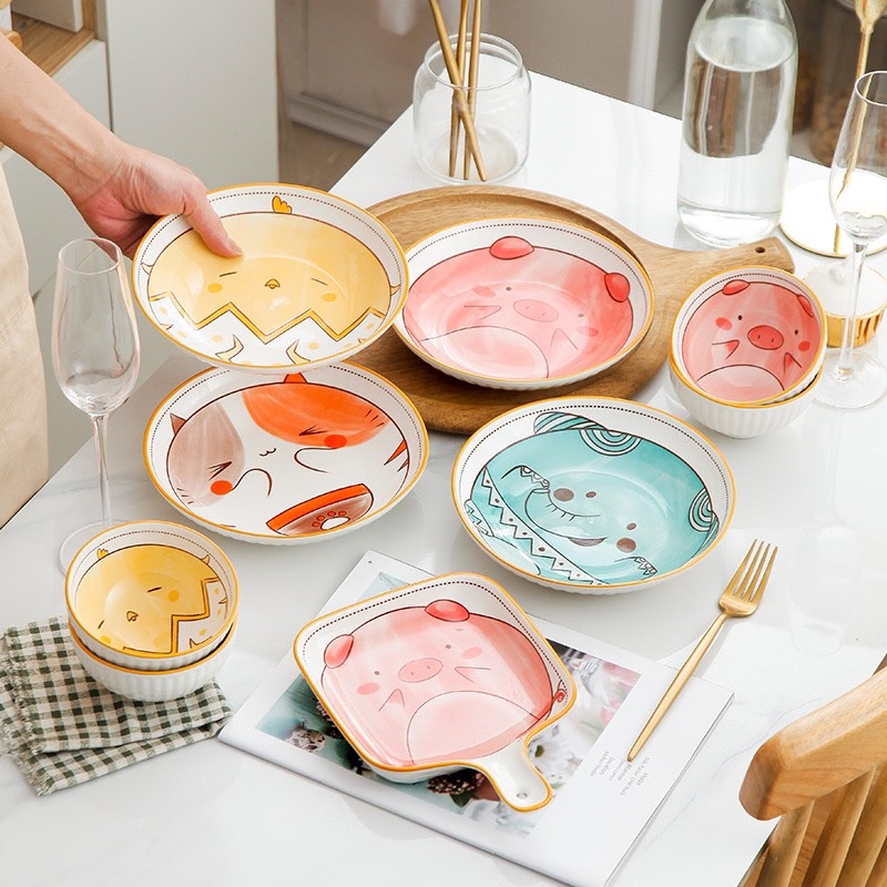 Bộ bát đĩa, Chén sứ ăn cơm hoạ tiết VOI MÈO GÀ HEO decor món ăn, mẫu con vật dễ thương