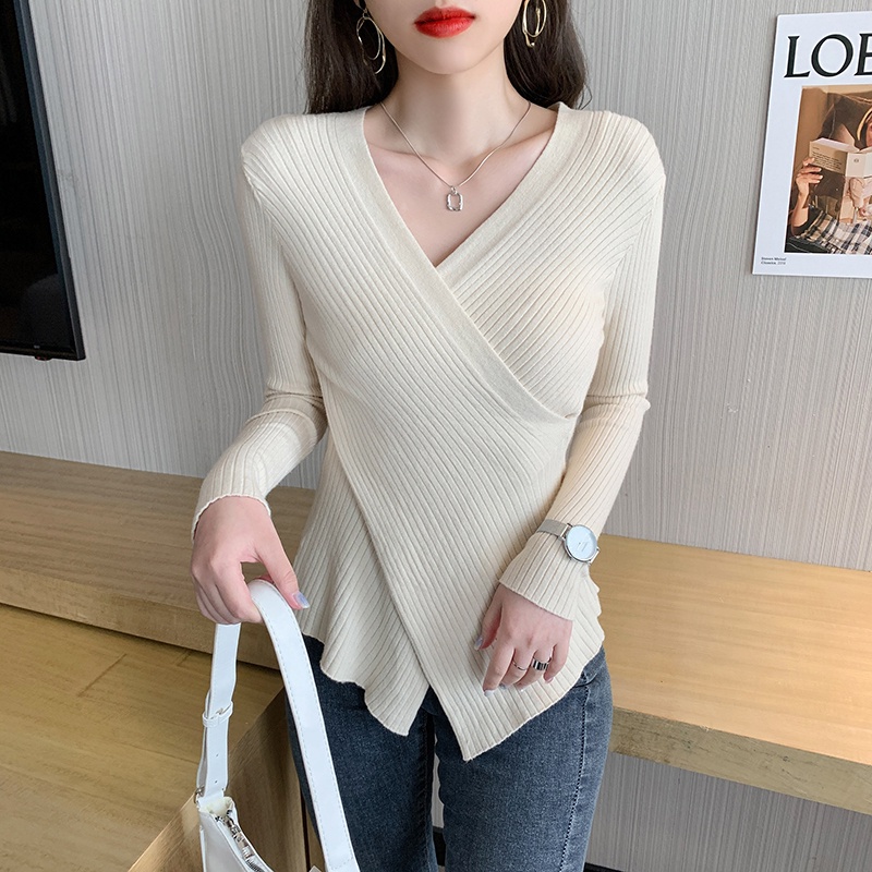 Áo dệt kim dài tay cổ V dáng mỏng thời trang cho nữ