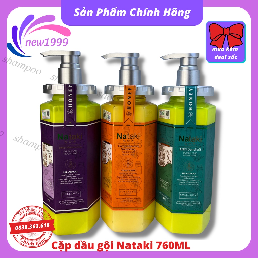 Dầu gội cặp gôị xả NATAKI mẫu mới 760ml tinh chất mật ong dưỡng ẩm phục hồi chăm sóc tóc