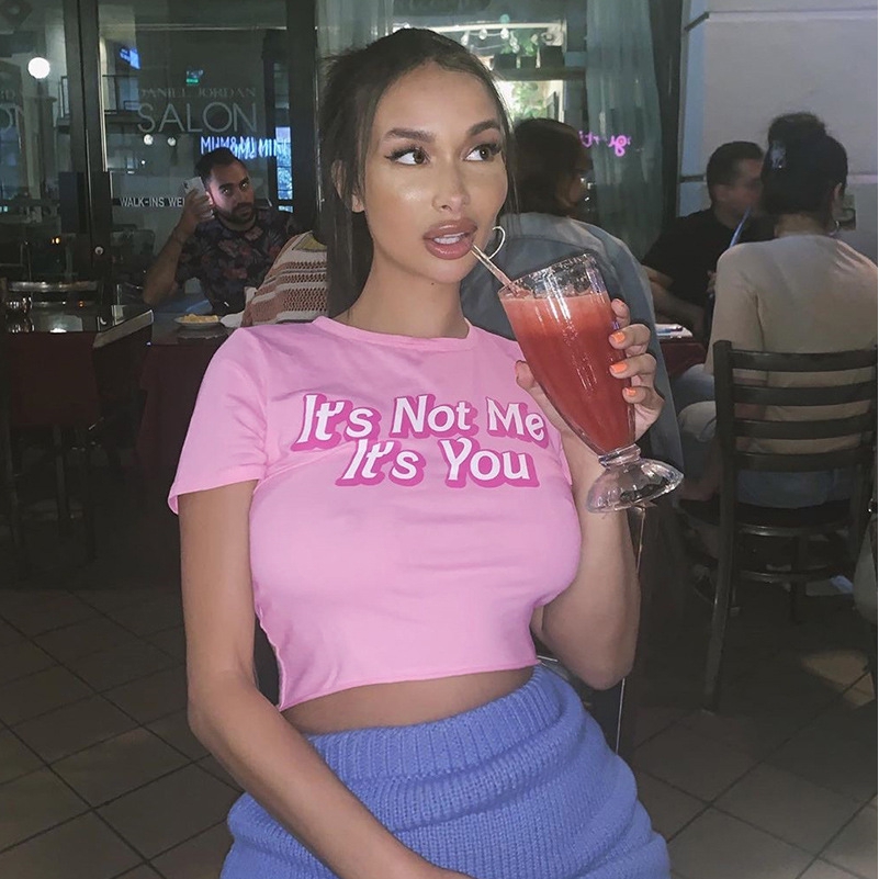 DUNEA Áo Croptop ngắn tay in chữ đơn giản cho nữ