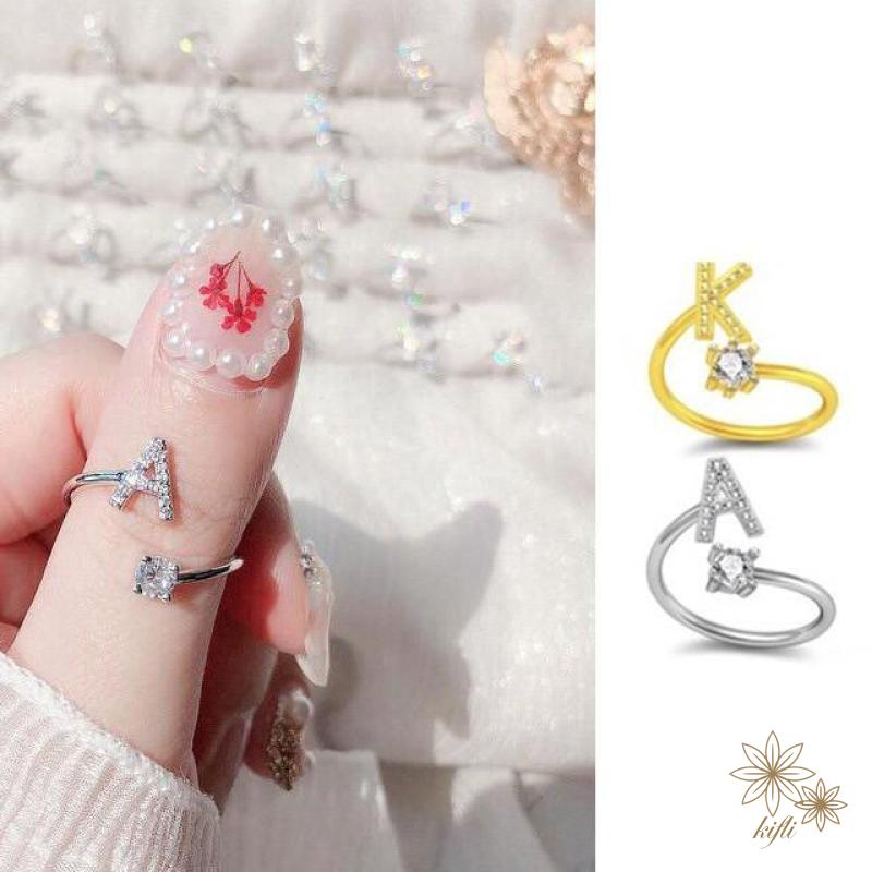 【kifli】Nhẫn Hở Khắc 26 Chữ Cái Tiếng Anh Đính Đá Có Thể Điều Chỉnh Thời Trang Cho Nữ