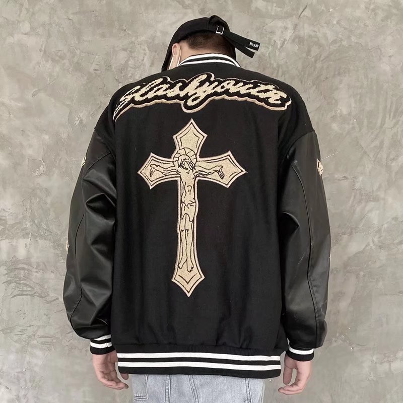 Áo khoác bomber vải da thêu họa tiết chữ thập thời trang cho nam áo khoác nỉ hai lớp |