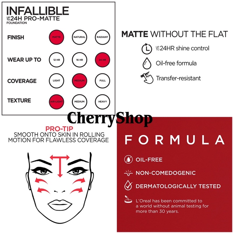 Kem nền mịn lì, lâu trôi Loreal Paris Infallible Pro-Matte Liquid Longwear Foundation Makeup