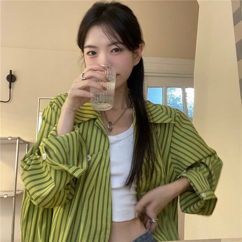 SUXI Áo Sơ Mi Nữ Dài Tay Họa Tiết Kẻ Sọc Thời Trang