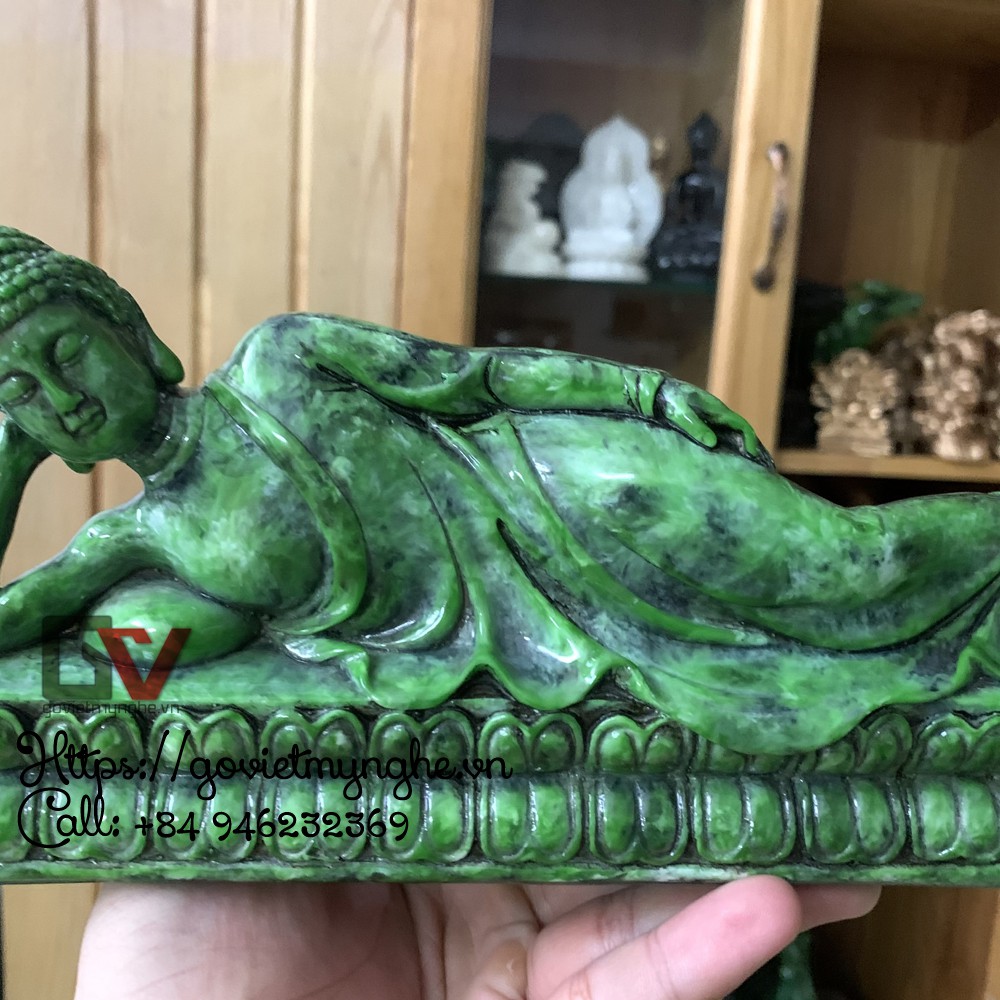 Tượng đá trang trí Đức Phật Thích Ca nhập niết bàn - Tượng đá Phật Thích Ca nằm - Màu xanh lục bích - Dài 23cm