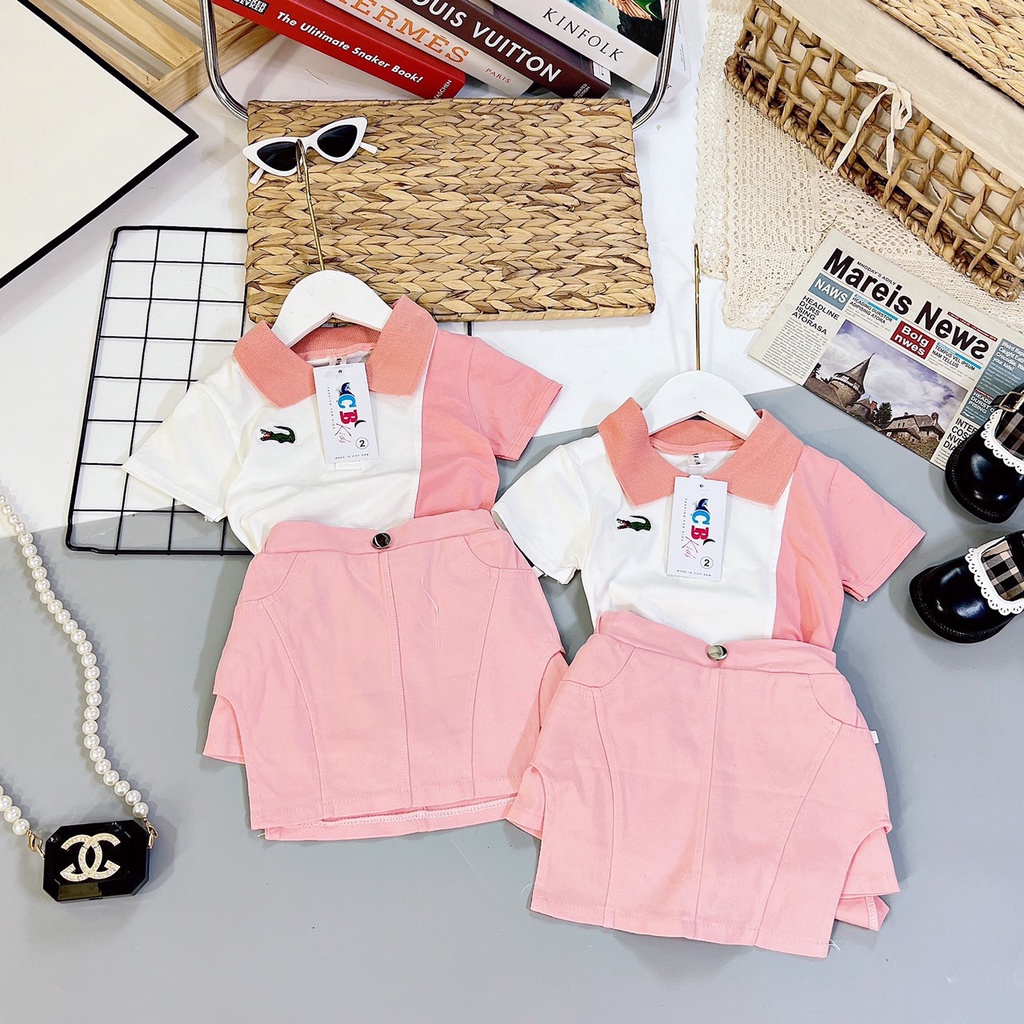Sét chân váy kèm áo thun bé gái, set áo polo Lcs kèm quần váy hồng xịn sò cho bé