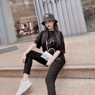 Bộ thun trơn thêu chữ ký quần dài áo cộc chất đẹp siêu đẹp