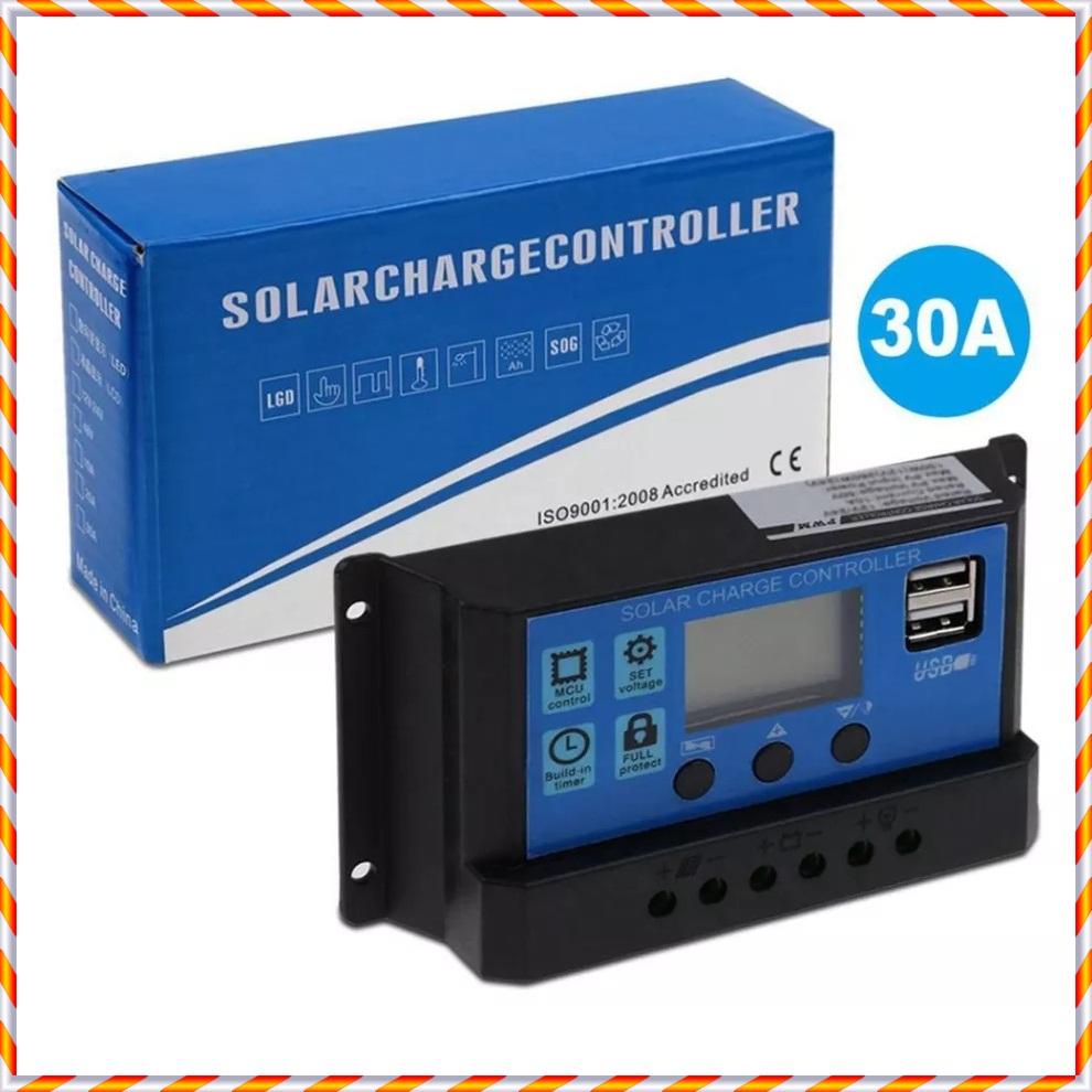 Điều khiển sạc năng lượng mặt trời, 12/24V/30A, có màn hình LCD hiển thị, có ngõ ra USB sạc điện thoại di động