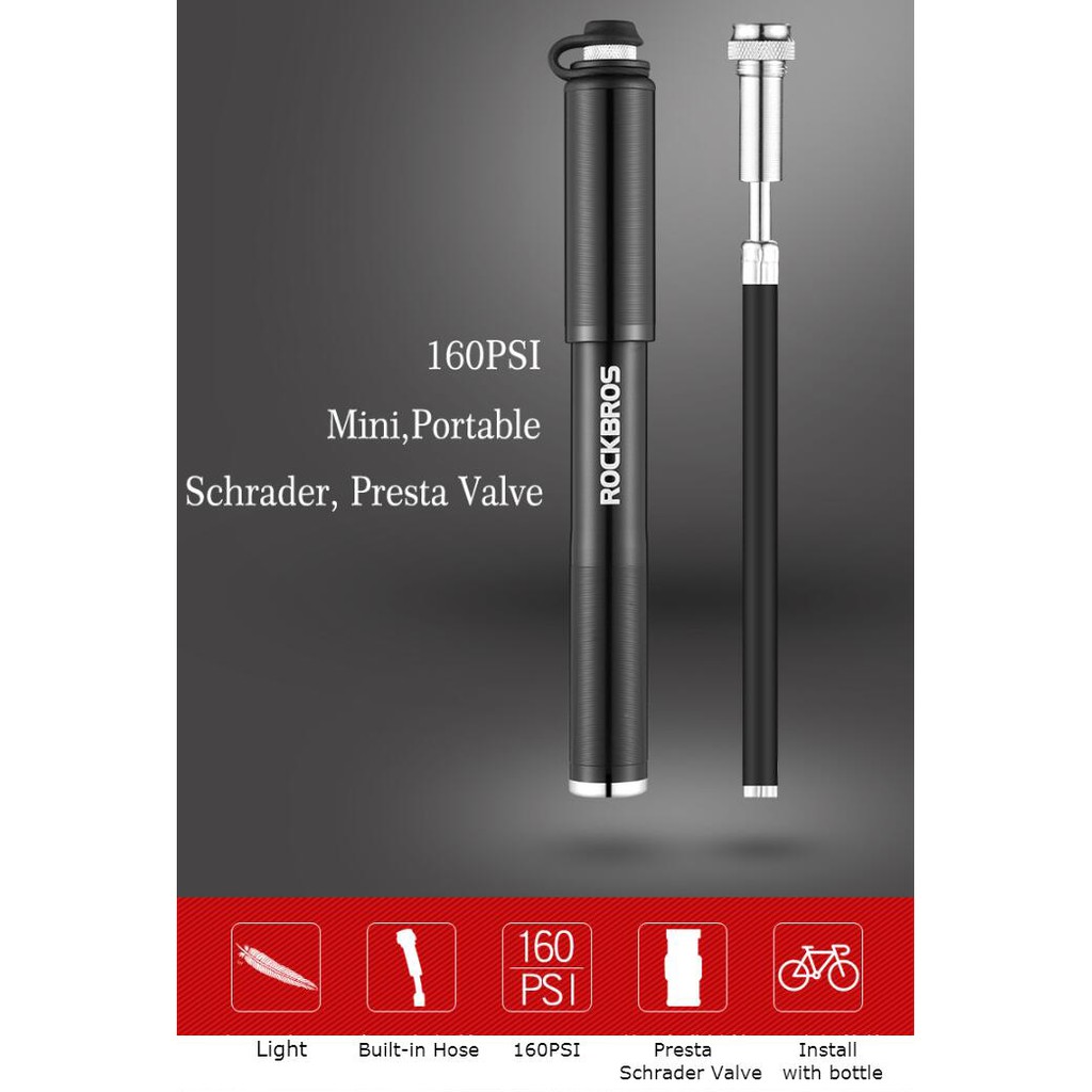 Rockbros Ống Bơm Xe Đạp Mini Áp Suất Cao 160PSI Đen