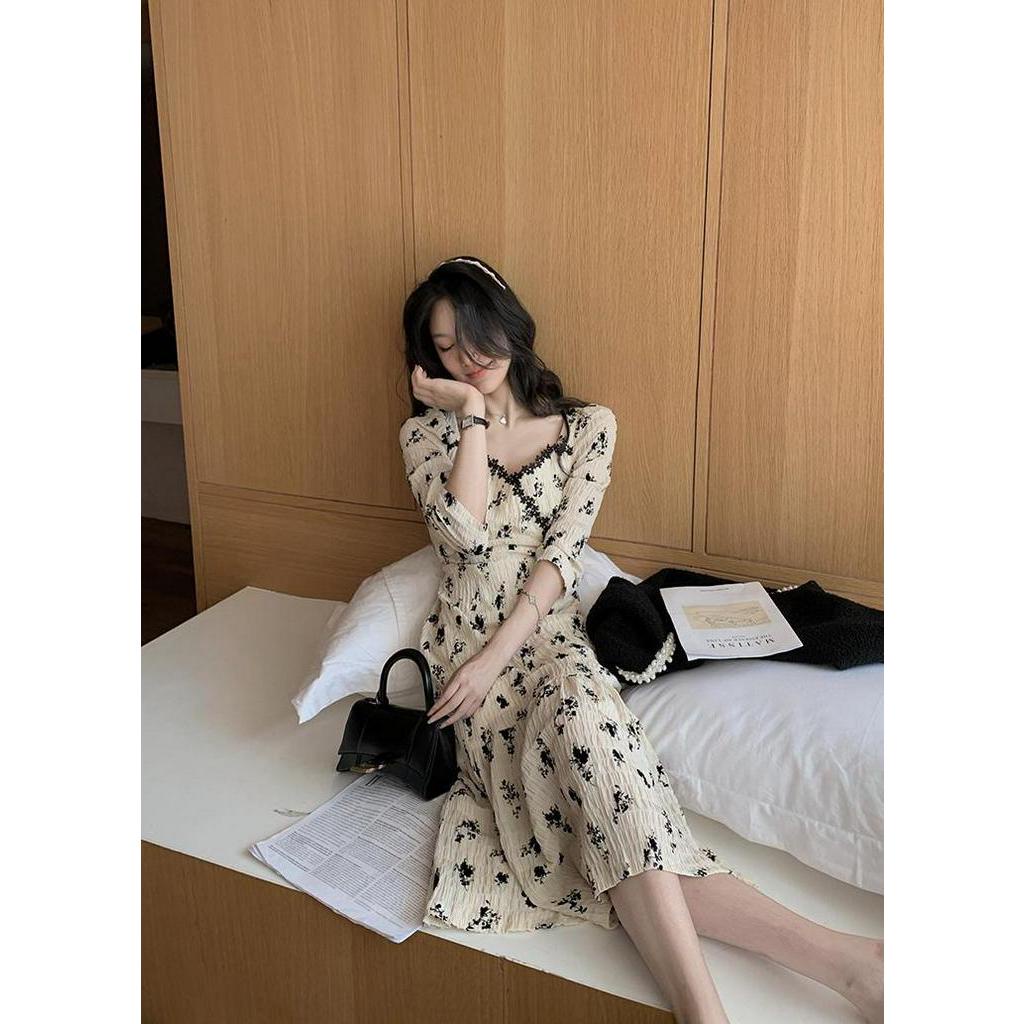 Đầm midi  tay 3/4 thêu hoa thời trang mùa hè thanh lịch cho nữ 2022