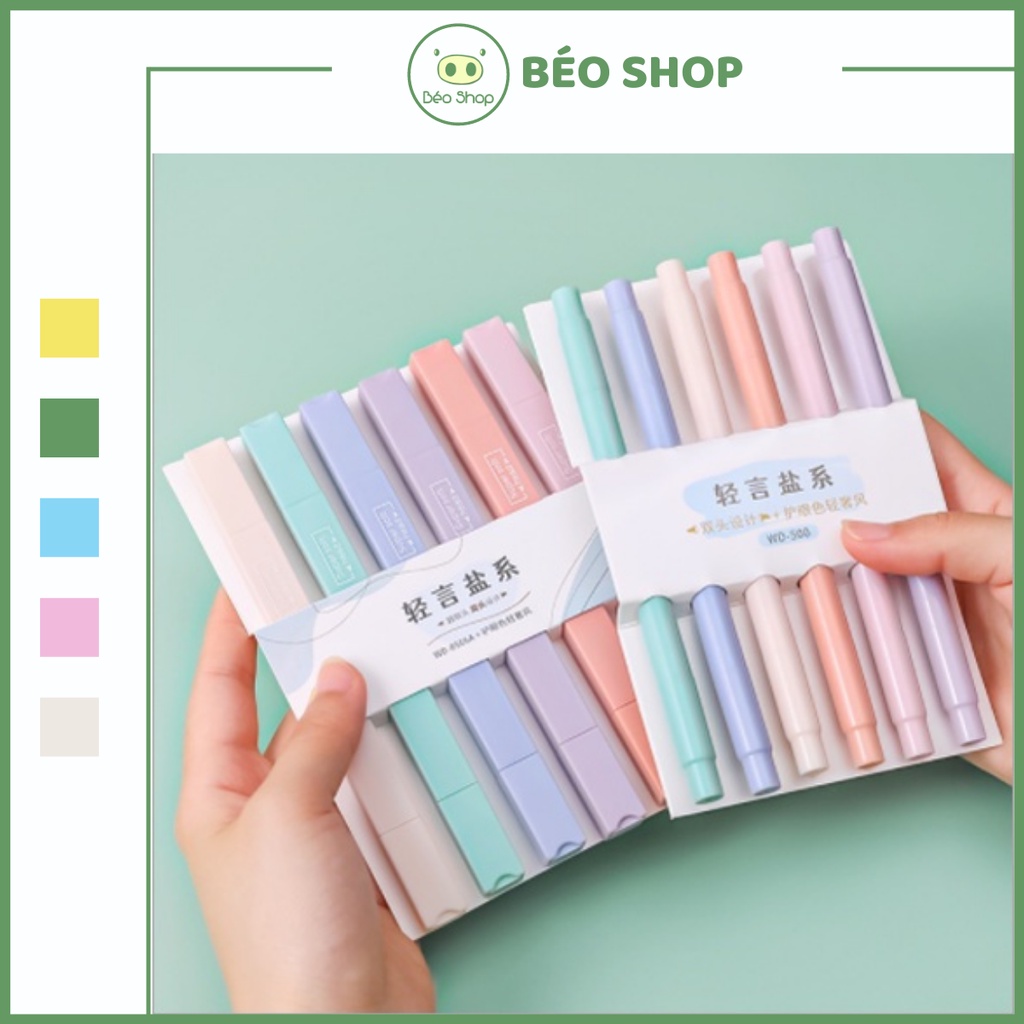 Set 6 bút highlight pastel Béo shop 2 đầu , bút đánh dấu nhớ dòng morandi trang trí sổ bullet journal B07-B18