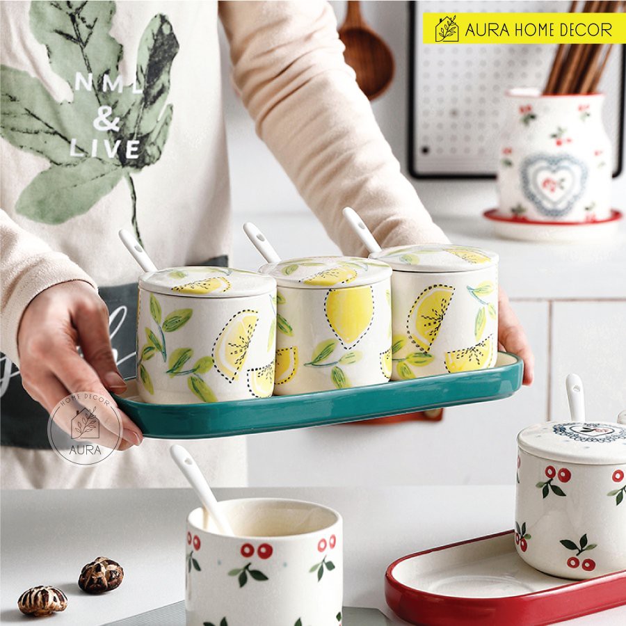Set 3 hũ vị có nắp kèm khay sứ chanh vàng, cherry
