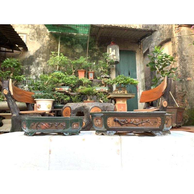 Chậu bon sai chữ nhật chân quỳ  - bộ 2 cái