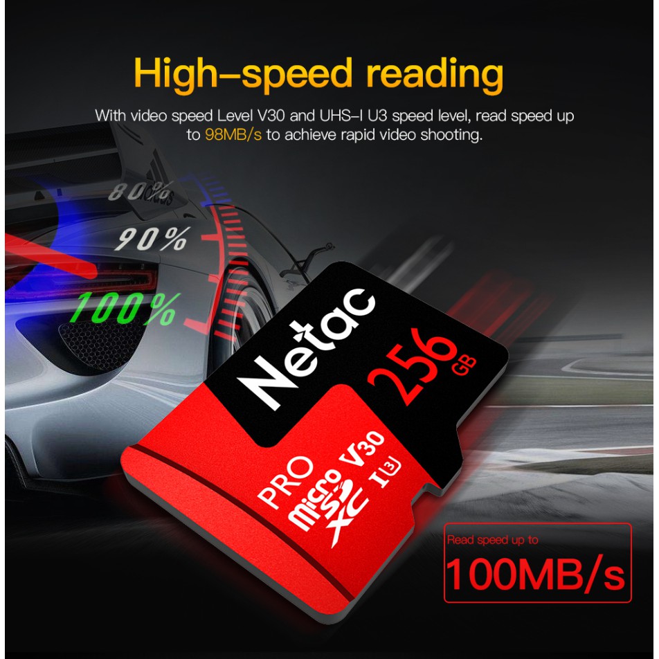 Thẻ nhớ Netac 256GB Pro Micro SDXC TF Memory Card Data Storage V30/UHS-I U3 High Speed Up to 100MB/s