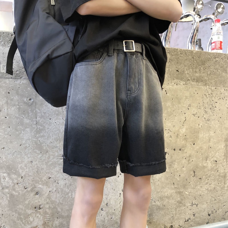 Phong Cách Hàn Quốc Quần Short Denim Gradient Thô Cạnh Quần ống Suông Thẳng