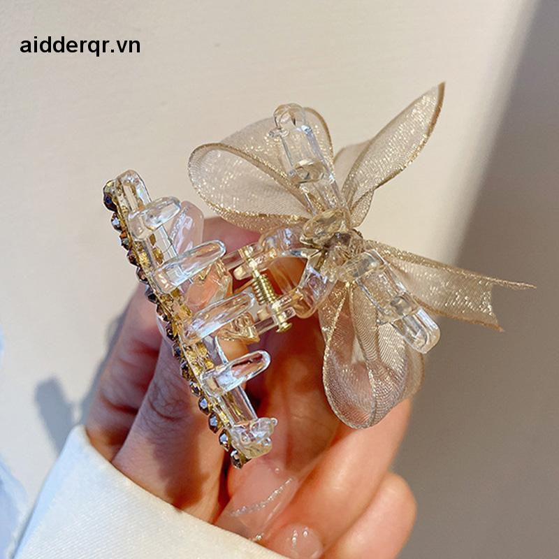 🌸🌸Kẹp Tóc Nơ Đính Đá Kim Cương Giả Hai Mặt Vải Lưới Kích Thước Nhỏ Cài Tóc Đuôi Ngựa Mùa Hè