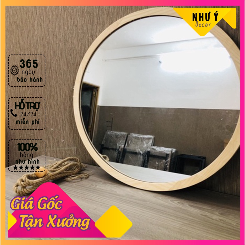 Gương treo tường trang trí - Gương tròn decor full phụ kiện kèm dây thừng , Gương viền gỗ Đường Kính Tự Chọn