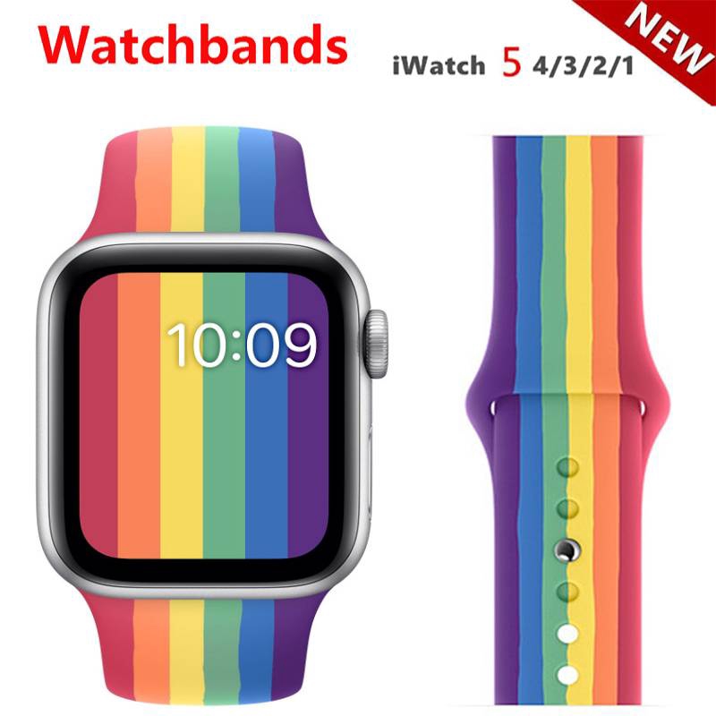 Dây Silicone Màu Cầu Vồng Khóa Kim Loại Cho Đồng Hồ Iwatch Series 5 4 3 2 1 Apple Watch 42mm 38mm 40mm 44mm