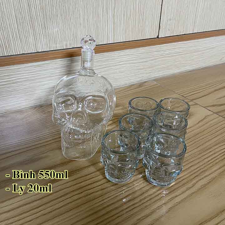 [GIÁ TỐT]Bộ  Bình Và Ly Thủy Tinh Đầu Lâu 3D