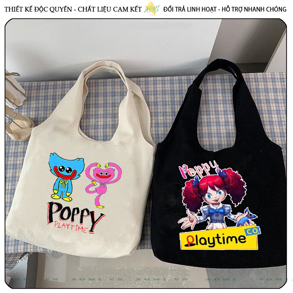 TOTE CANVAS Poppy Playtime Huggy Wuggy FORM TRÒN TÚI VẢI ĐEO VAI BAG NÚT BẤM SIZE LỚN AOMIVN DU LỊCH DẠO PHỐ CÁ TÍNH