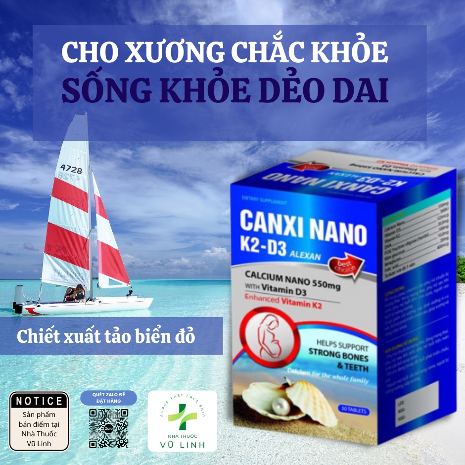 (CHÍNH HÃNG) Canxi Nano K2D3 Alexa (hộp 30 viên) bổ sung canxi, vitamin K2, D3, giảm nguy cơ loãng xương
