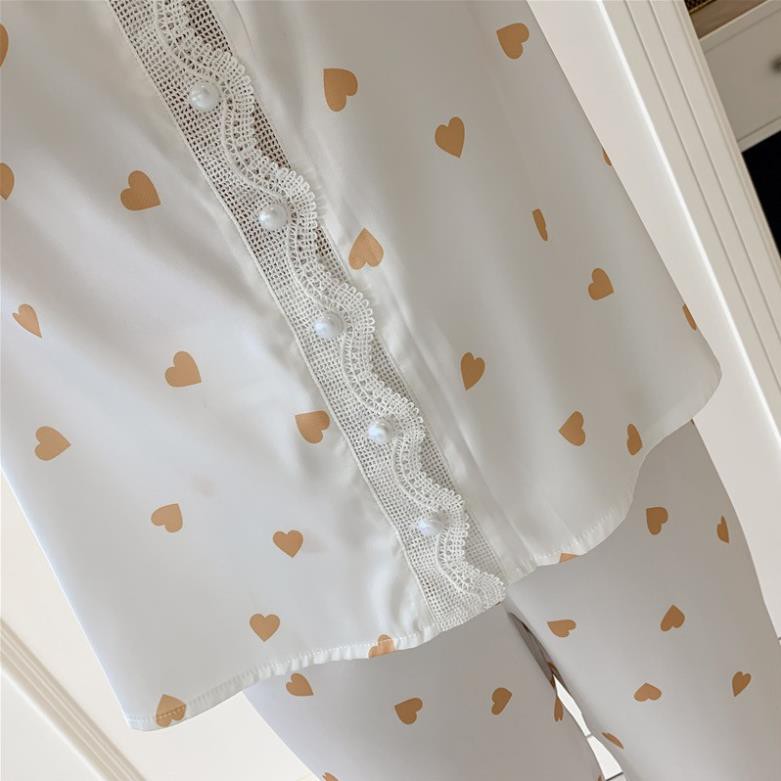 Bộ ngủ lụa Pijama dài tay hoạ tiết trái tim hàng cao cấp