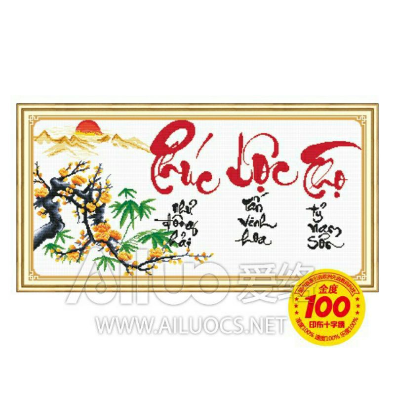 Tranh thêu chữ thập Phúc Lộc Thọ ( hoa mai vàng) < 51356 > chưa thêu.