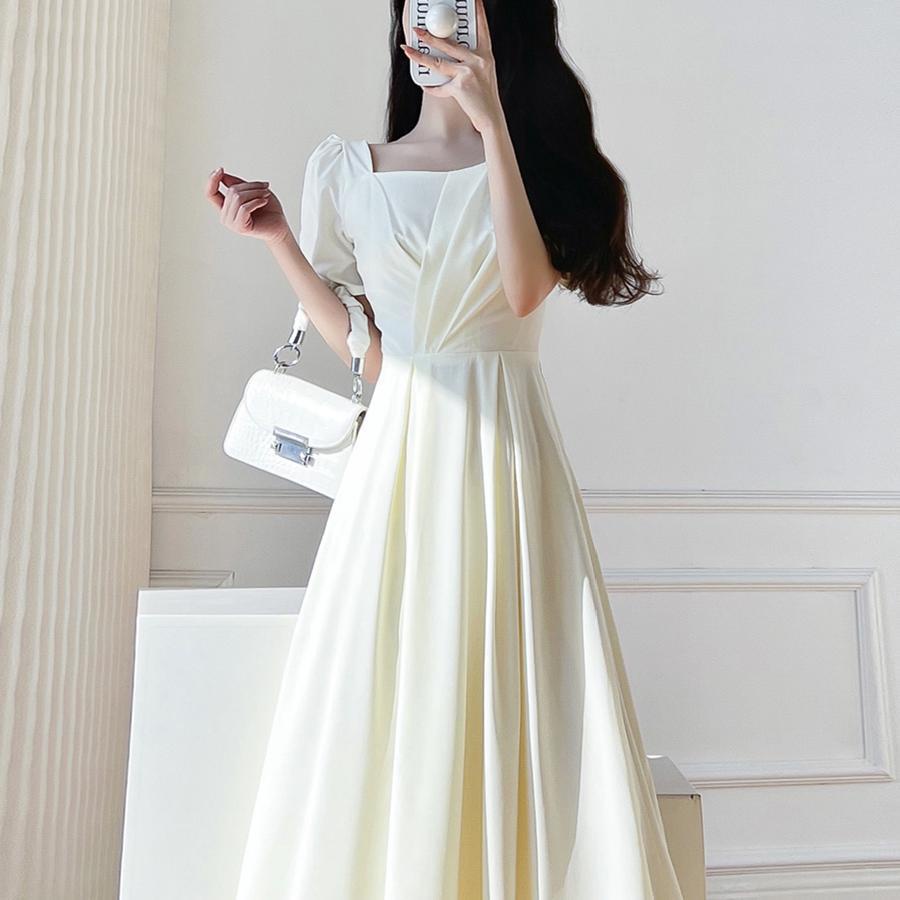 Đầm Trắng Dáng Dài Cổ Vuông Chiết Eo Kiểu Pháp Thời Trang Sang Trọng Cho Nữ