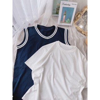 Set đầm suông viền kèm pull trắng