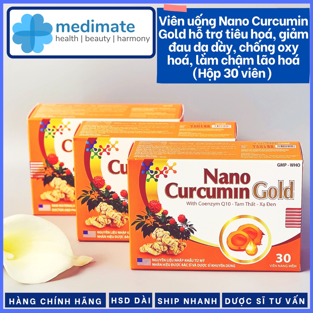 Viên uống Nano Curcumin Gold hỗ trợ tiêu hóa, giảm đau dạ dày, chống oxy hóa, làm chậm lão hóa (Hộp 30 viên)