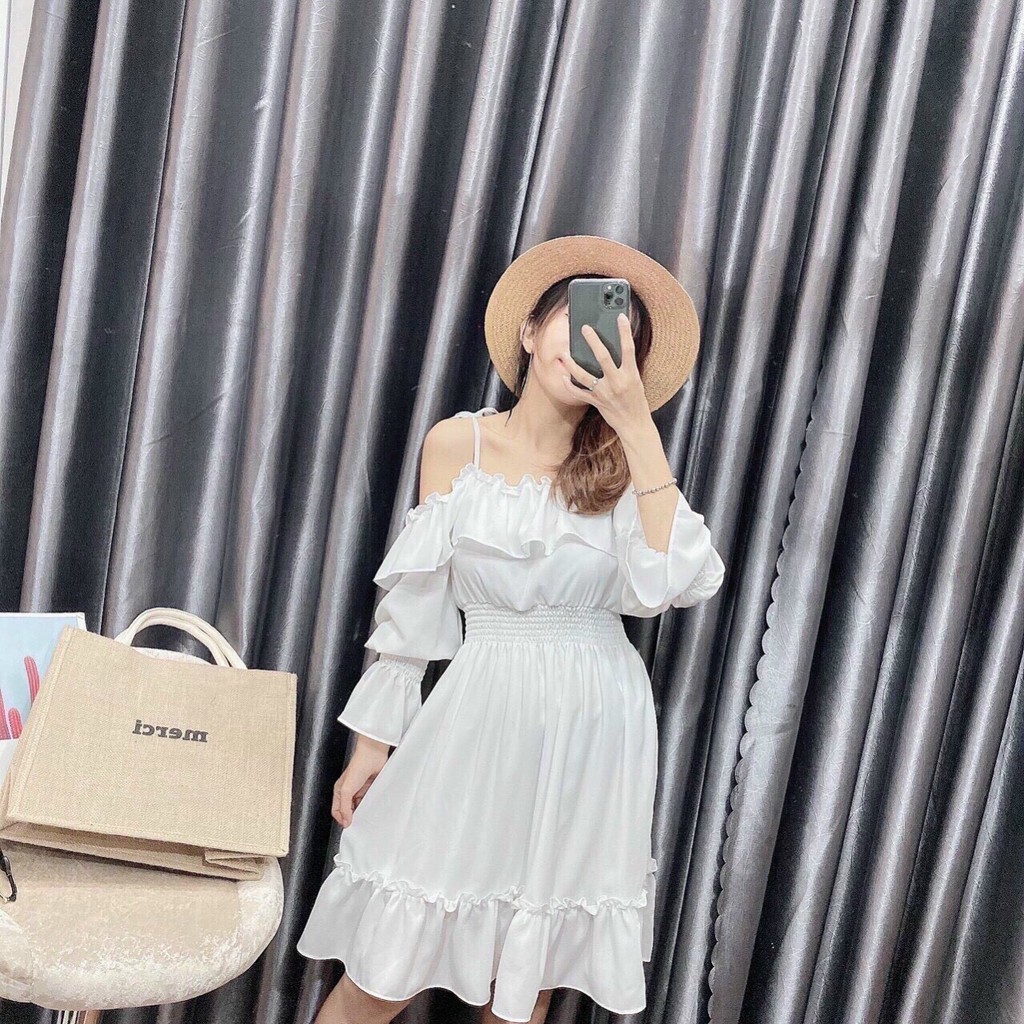 Váy đầm nữ dáng xòe kiểu trễ vai phối bèo dễ thương | BigBuy360 - bigbuy360.vn