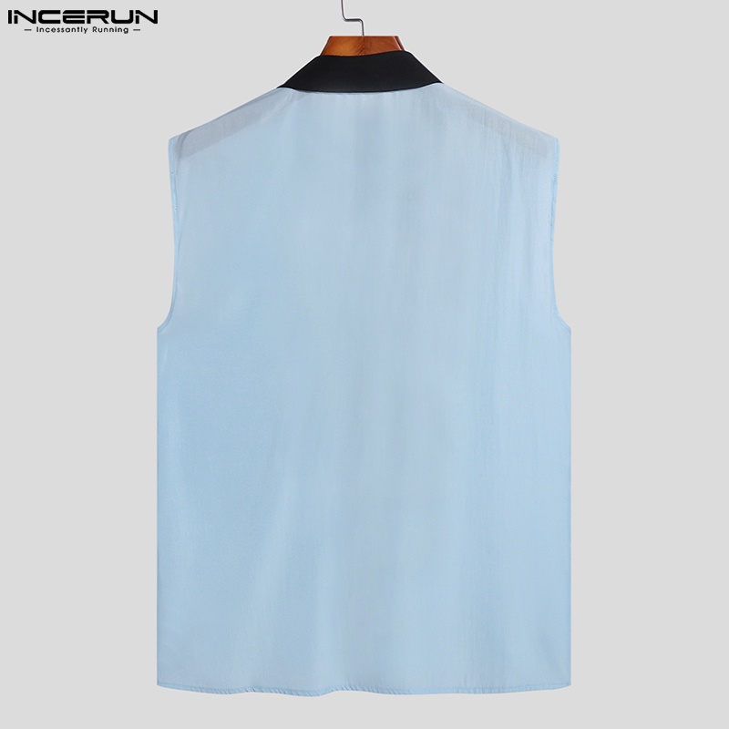 Incerun Áo Sơ Mi Lưới Cá Không Tay Cài Nút Phong Cách Retro Dân Gian Cho Nam