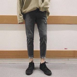 [QUẦN BAGGY JEAN] Baggy jean unisex sắn gấu ( XÁM) RÁCH CÀO B21