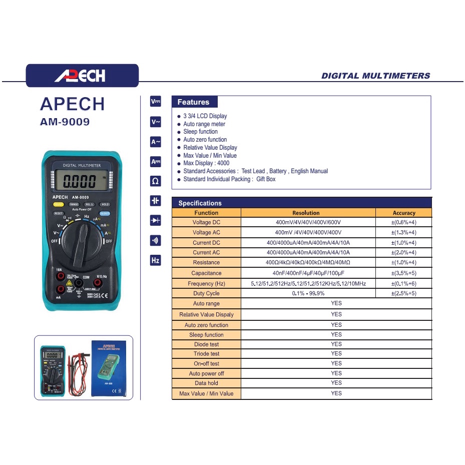 APECH AM-9009 đồng hồ vạn năng điện tử ac/dc, tụ điện, tần số, diot, gọn nhẹ chính xác, made in Taiwan