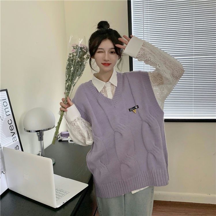 Áo không tay cổ chữ V/áo mi ren khoét rỗng phong cách Hàn Quốc