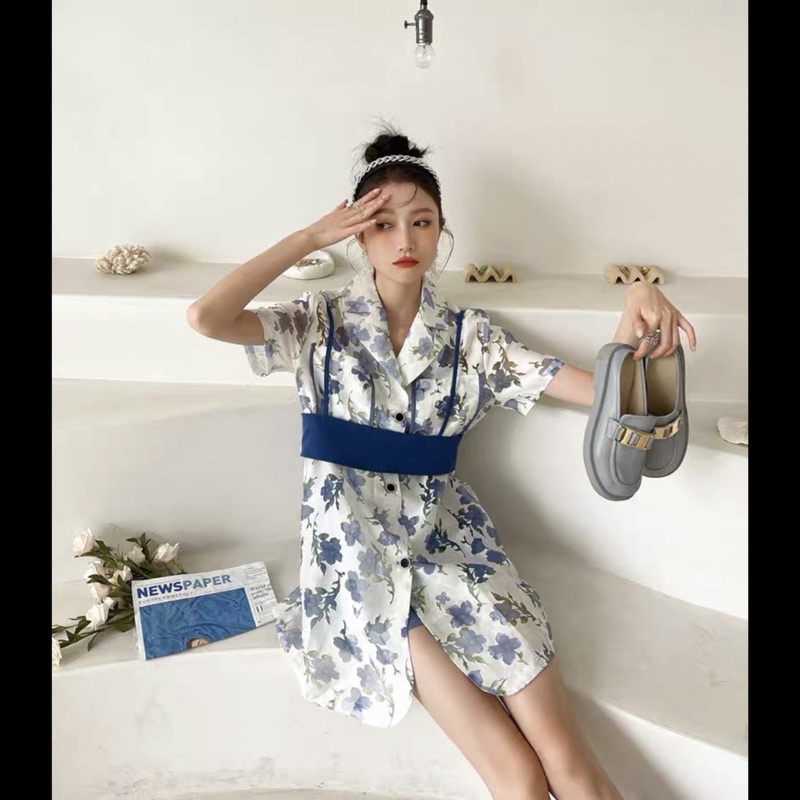 set áo đầm cổ vest tay ngắn phối áo dây cá tính