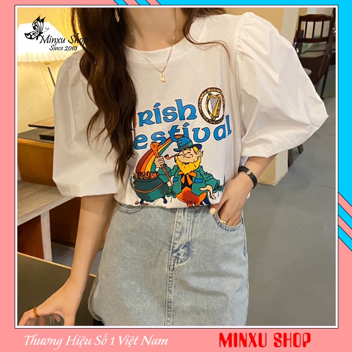 Áo thun trắng ONLY  nữ tay ngắn vai bồng sang chảnh tiểu thư, mùa hè thời trang đường phố hàn quốc Minxu shop OC07