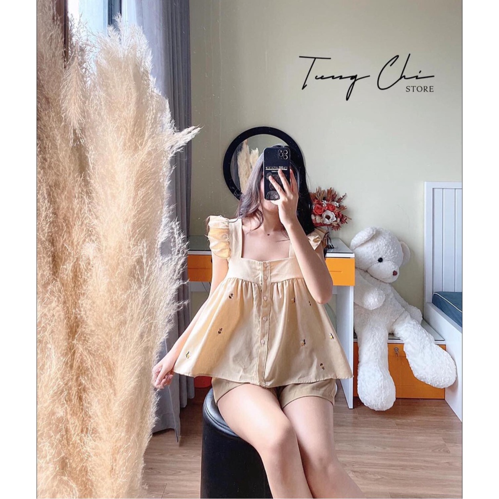 [Có Video + Ảnh Thật] Set Đồ Ngủ Gồm Áo Bbd Đũi Mix Quần Sooc Kaki Be Xinh Xắn - Chuu House- CH0417